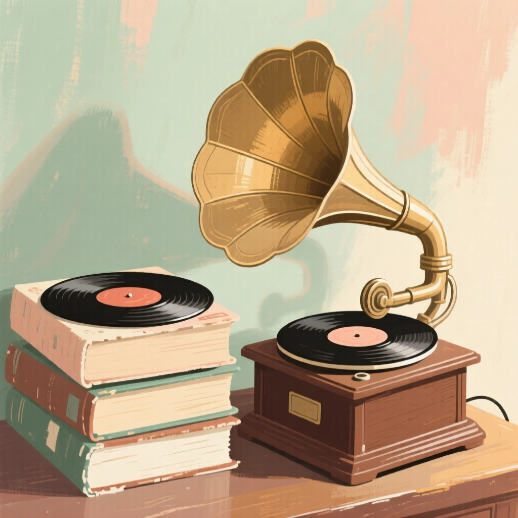 A stack of old vinyl records beside a vintage gramophone