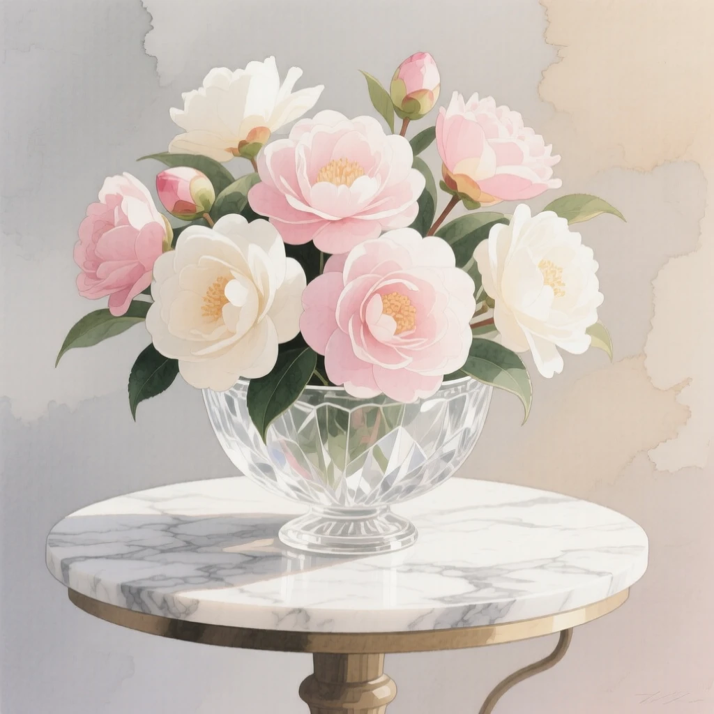 A bouquet of camellias in soft, layered tones fills a delicate crystal bowl on a marble side table, petals catching the gentle light