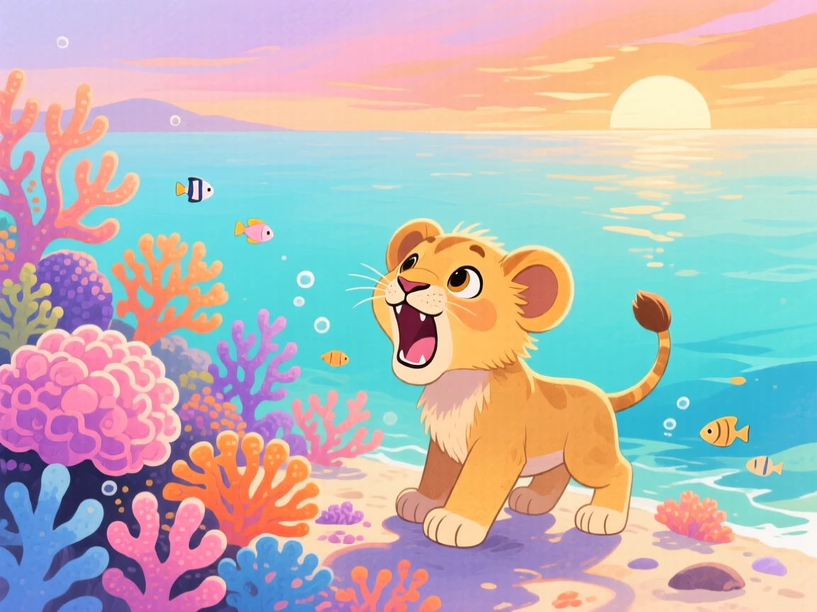 A lion cub practicing a roar exploring a coral reef at sunset.