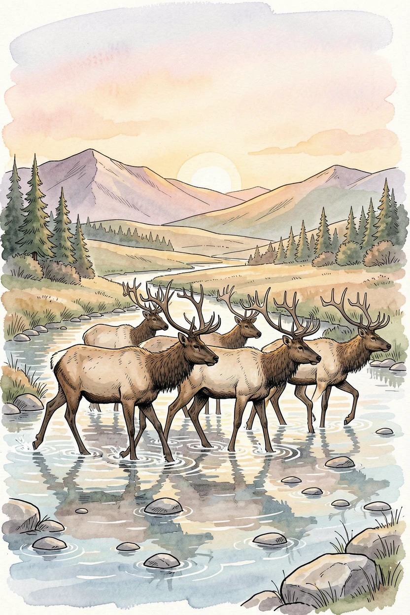 A herd of elk crossing a shallow river at sunrise, the surrounding landscape stretching wide and open behind them.