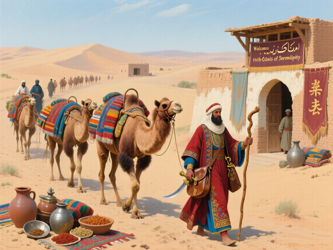 Silk Road traders leading a camel caravan across vast desert dunes, with rich period-accurate clothing, tools, and architecture throughout, celebrating the rich diversity of world cultures and traditions