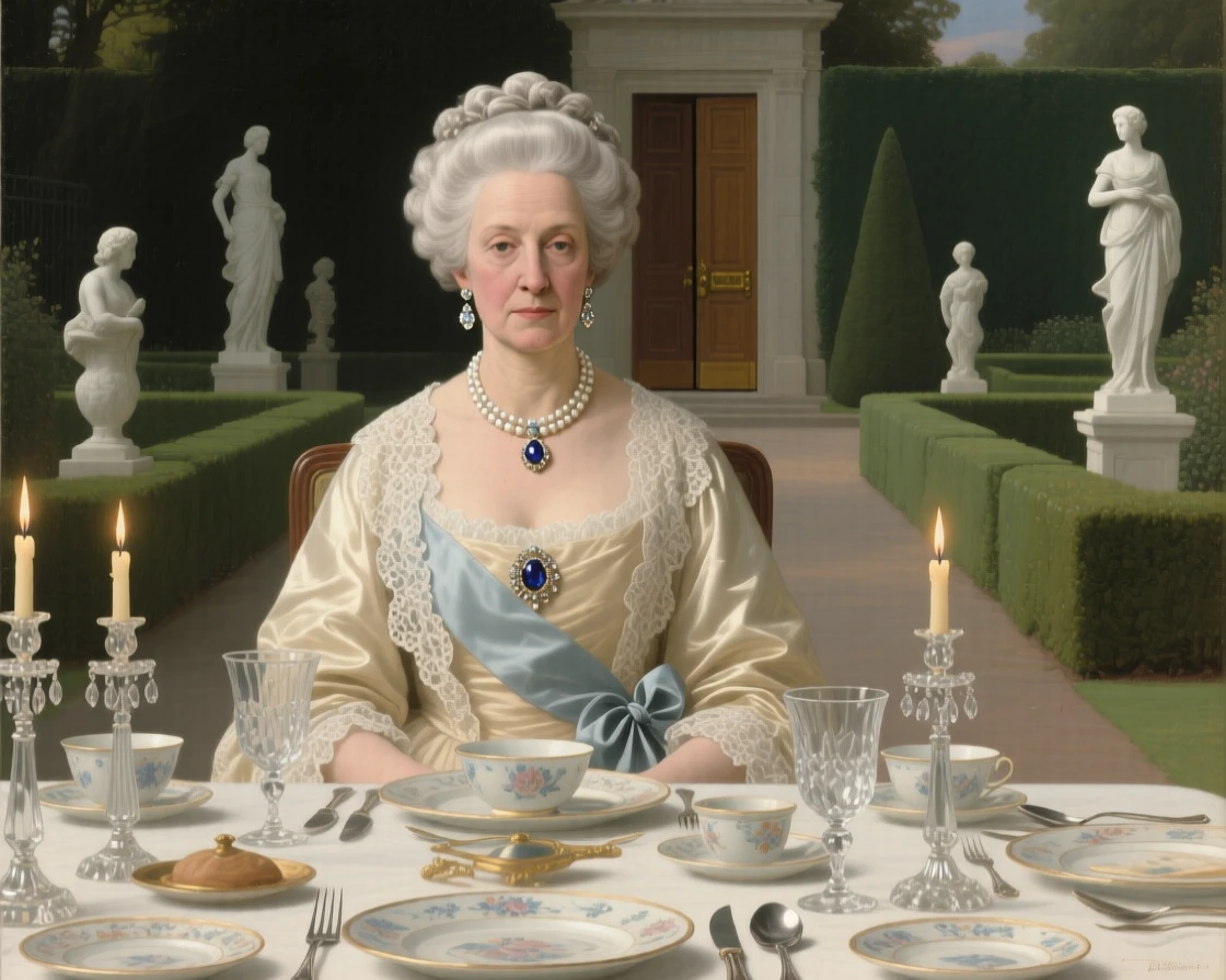 A dowager duchess presiding over an elegant dinner table just before the grand doors are thrown open, set in a formal garden with clipped hedges and marble statues, with silk gowns, powdered wigs, and glittering jewels catching the light; a mirror in the background subtly doubles the scene's elegance, evoking refinement, tradition, and quiet opulence.
