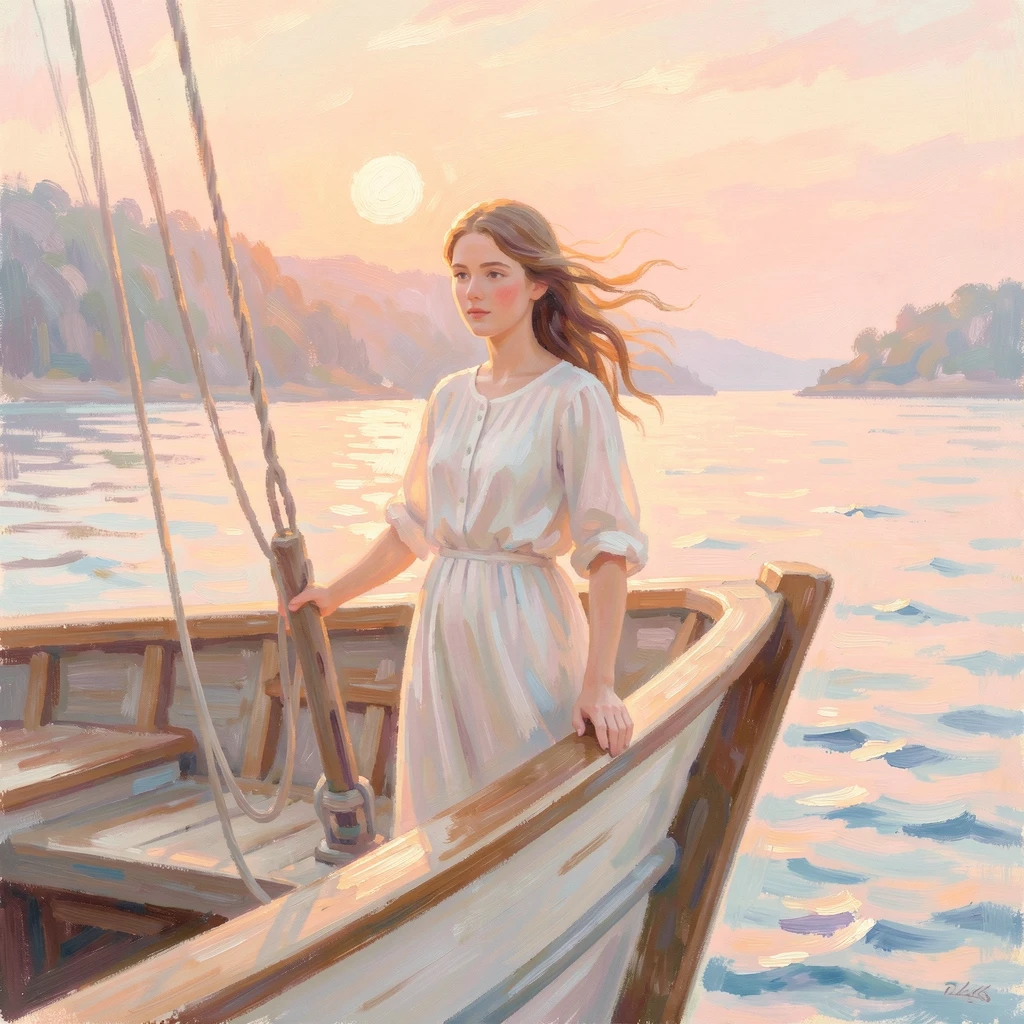 A young woman standing at the bow of a ship, wind catching her hair as the coastline fades behind her, as the first light of dawn breaks.