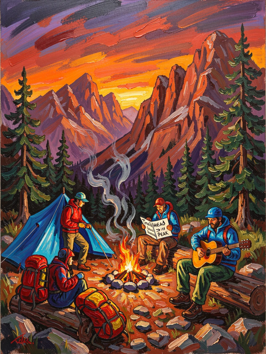A group of hikers setting up camp as the sun sets behind distant peaks.