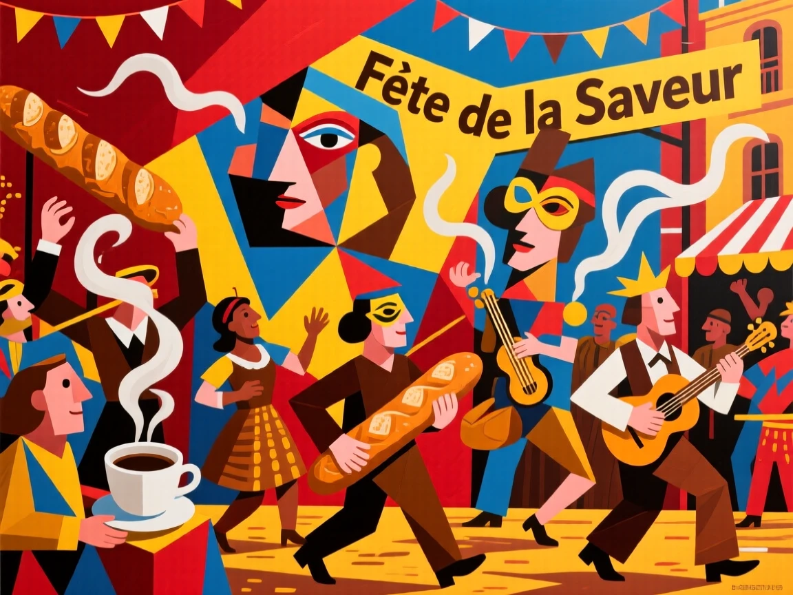 A vibrant scene of a colorful carnival parade filled with the aroma of fresh bread and coffee.