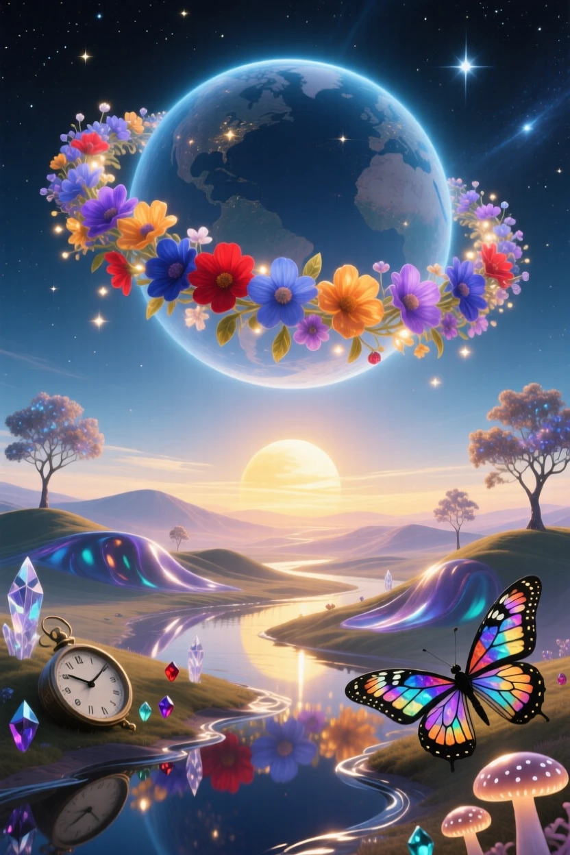 A planet ringed with delicate strands of blooming flowers casts a soft glow across a still and quiet landscape, as a soft golden light spills over distant sleeping hills.