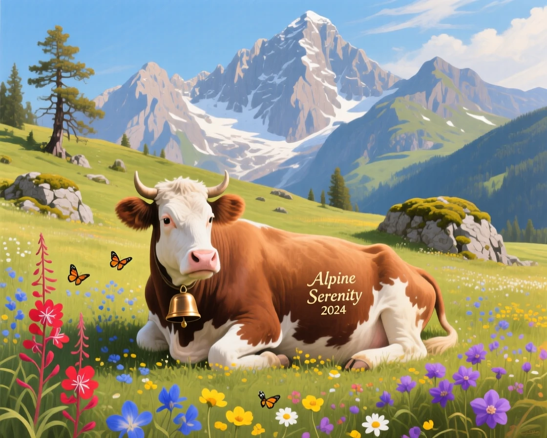 A gentle cow rests in a flower-filled Alpine meadow, cowbell around its neck, distant mountain peaks rising sharply behind, the surrounding habitat rendered in enough detail to suggest a specific time and place.