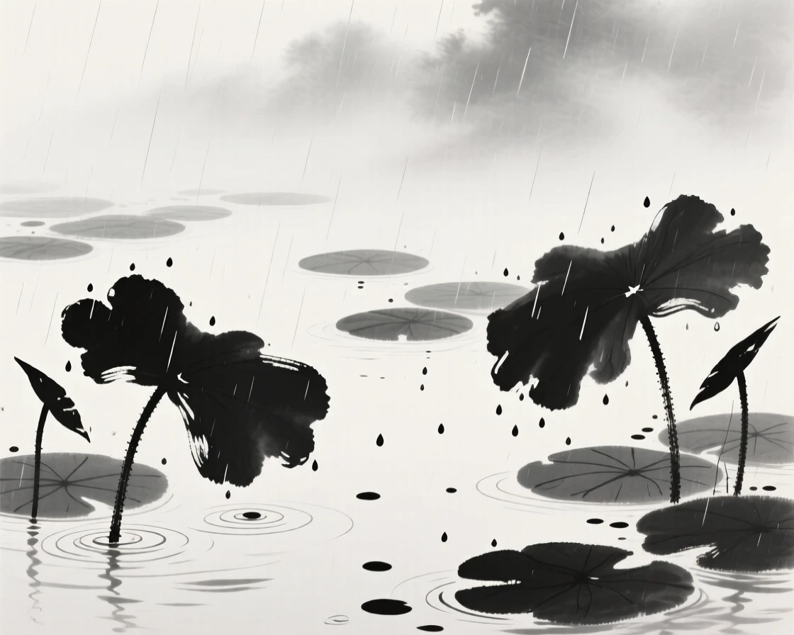 Rain falls gently onto a pond covered with lotus leaves, as mist rises softly from the water's surface.