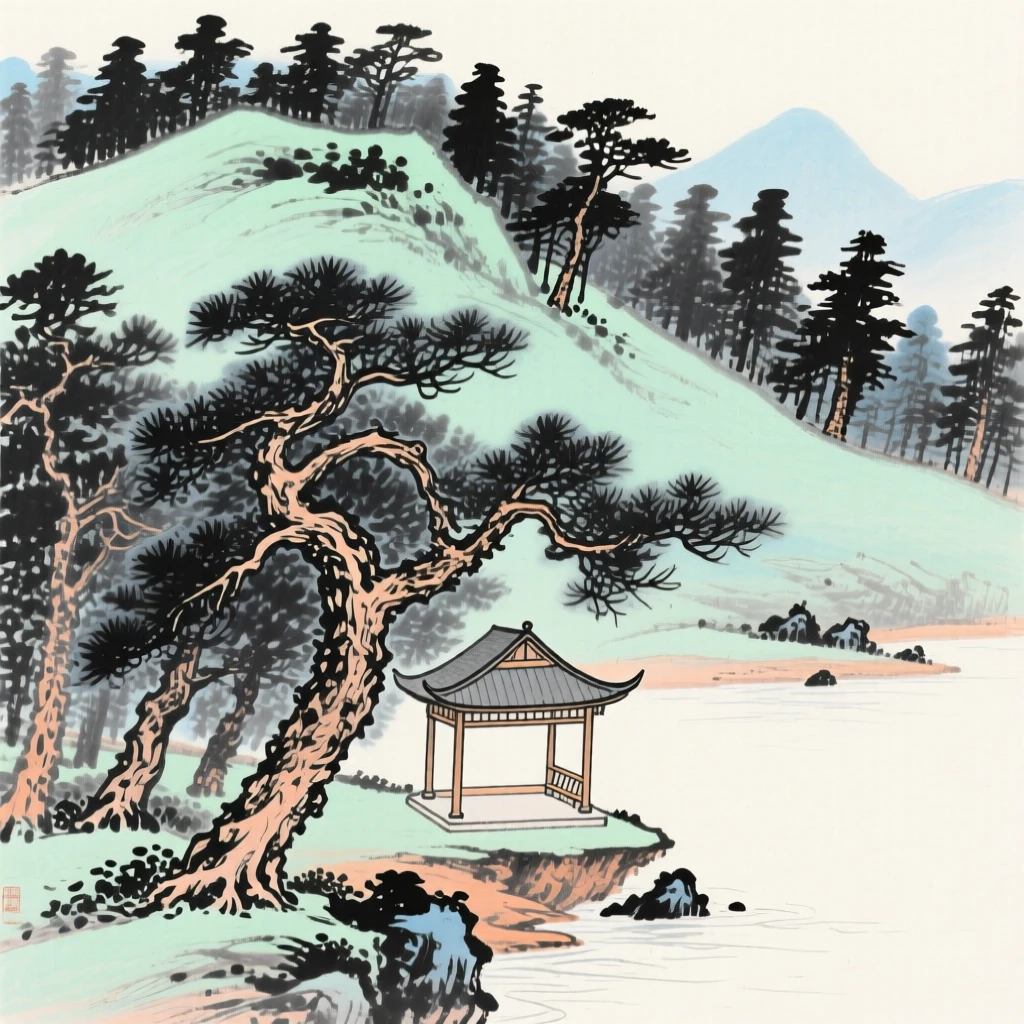 A grove of ancient gnarled pines on a mountainside, with a small pavilion perched at the water's edge, full of quiet reverence.