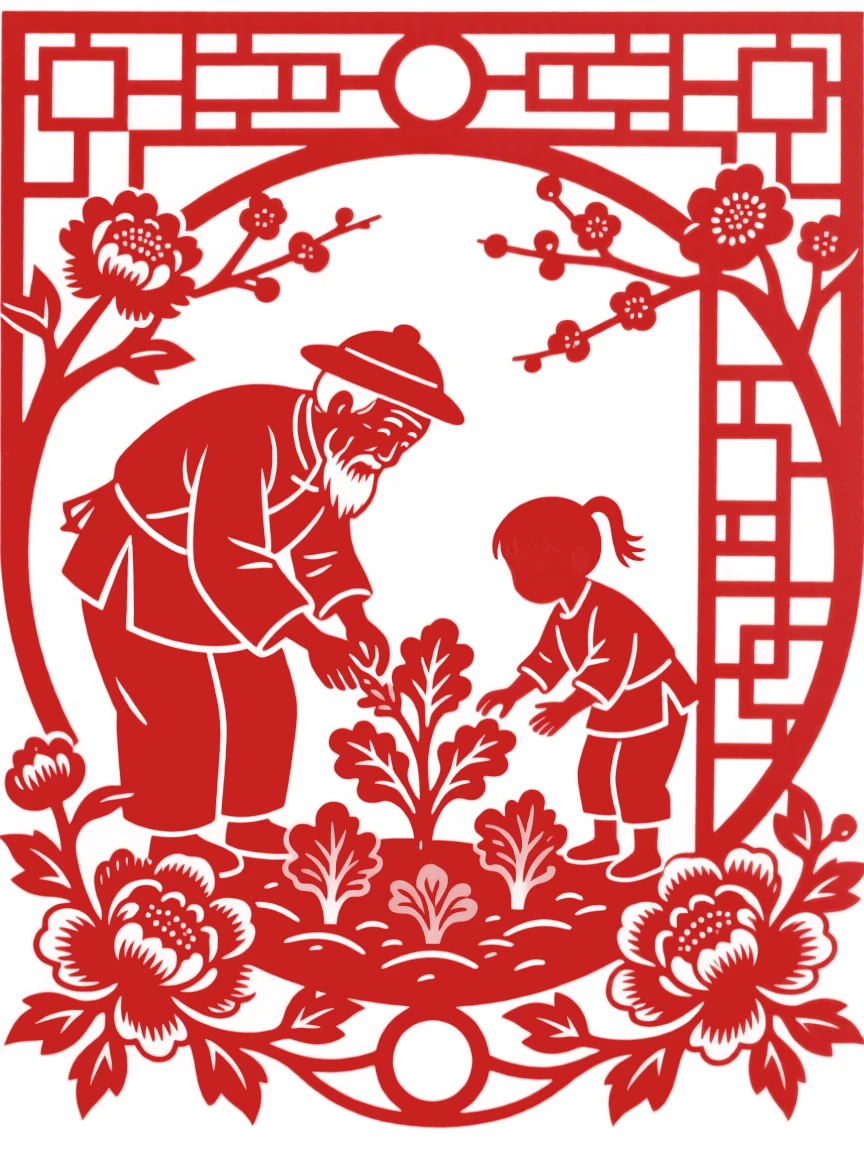 A village elder, tending a small vegetable garden together, in radiating warmth and everyday tenderness.