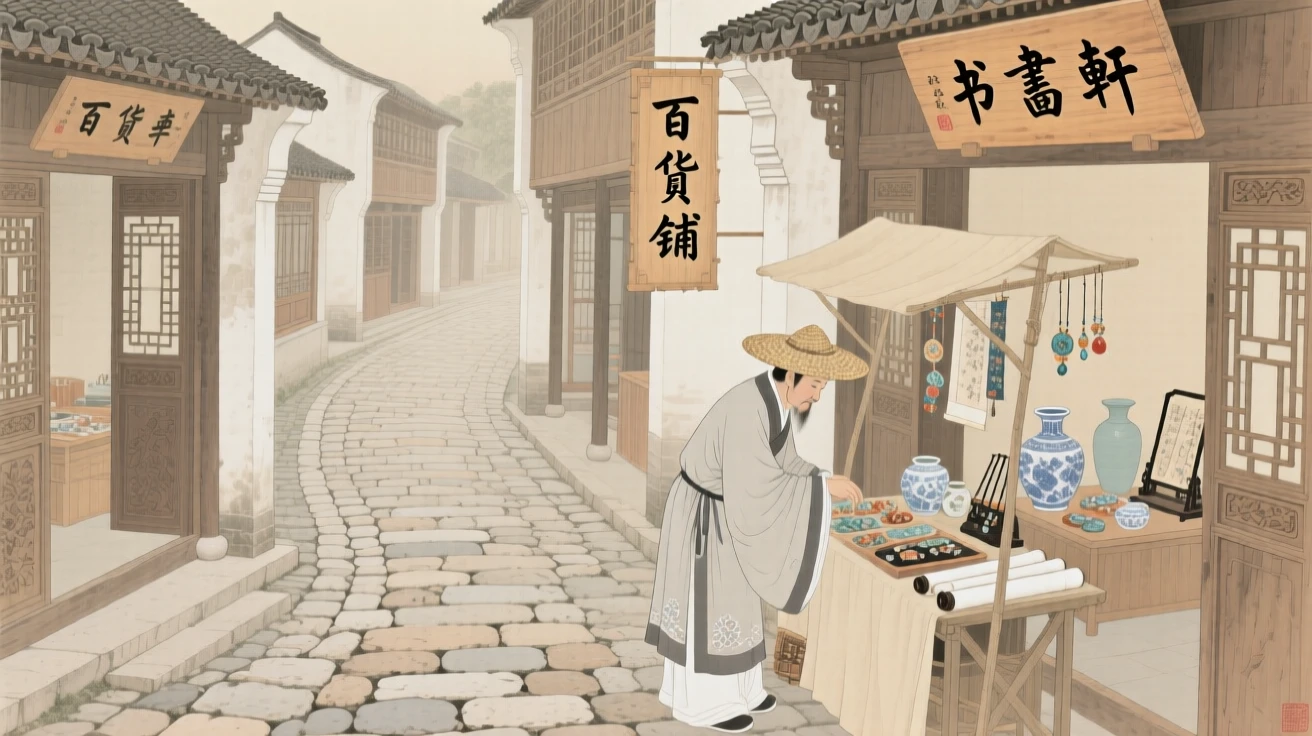 A traveling merchant tending to a small stall of goods along a cobblestone street lined with shops