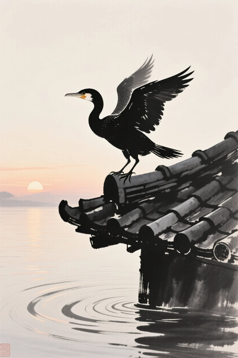 A cormorant landing gently on a rooftop tile over rippling water at dusk, silhouetted softly against the fading light, carrying a quiet, poetic stillness.