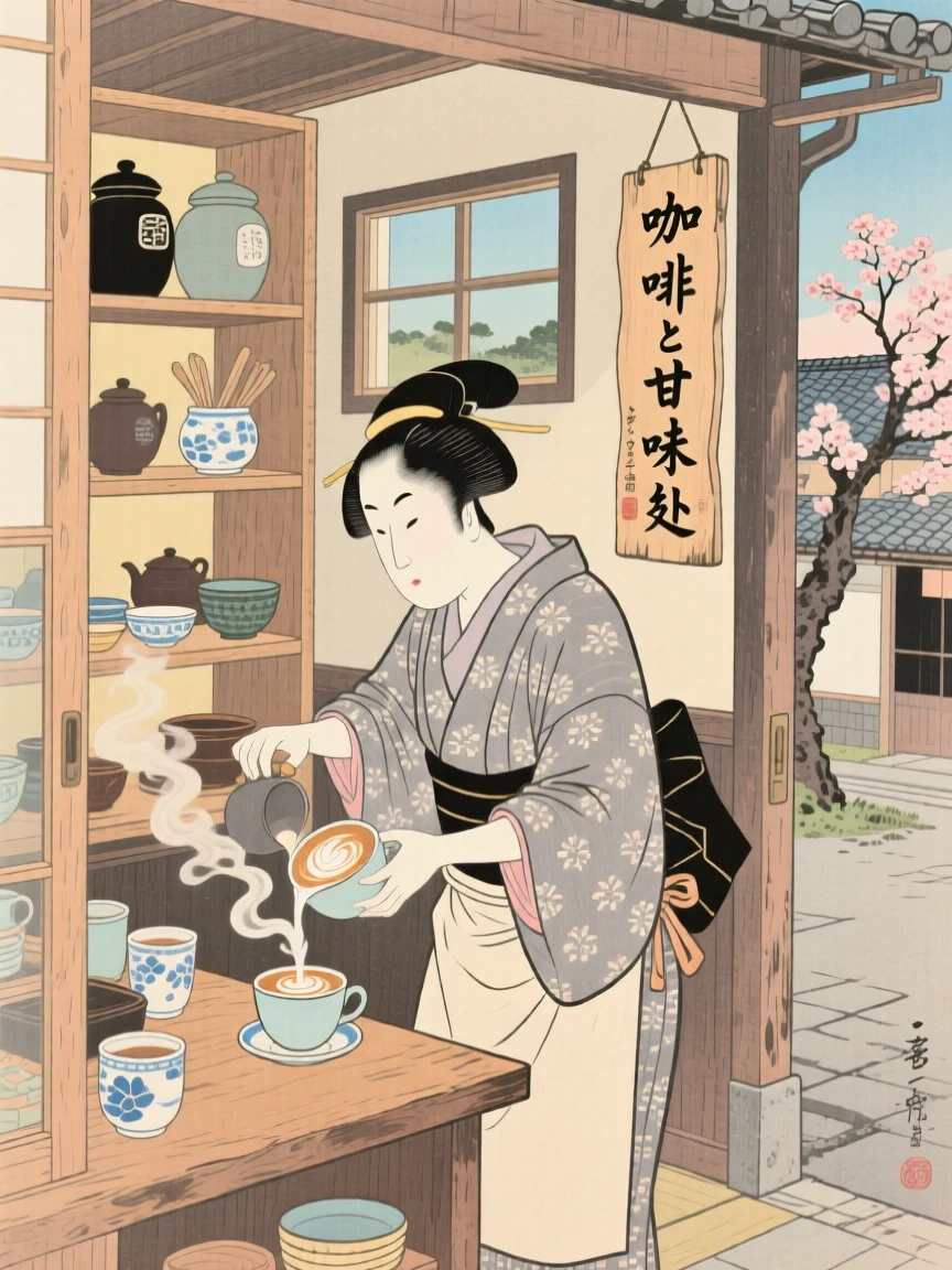 A street food vendor pouring latte art in a cozy corner shop.