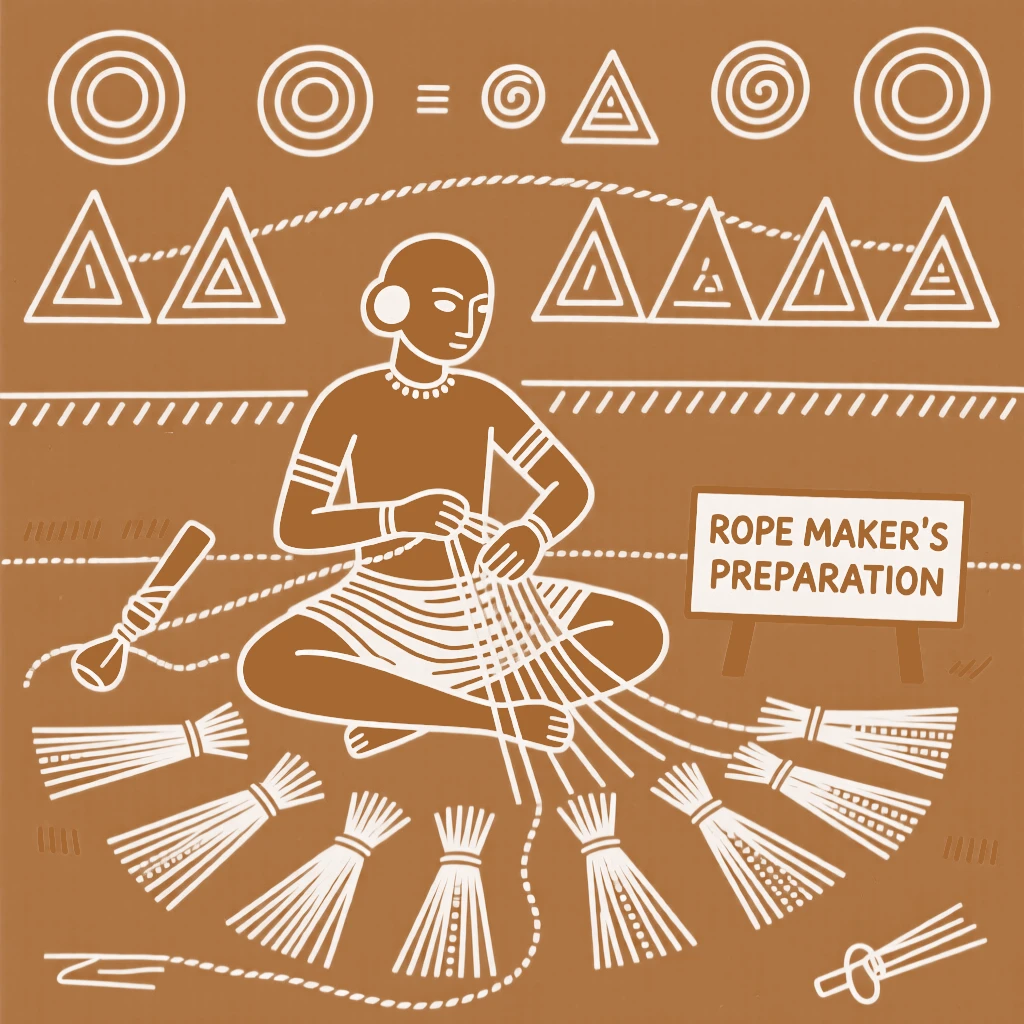 A rope maker preparing materials for the next day's work.