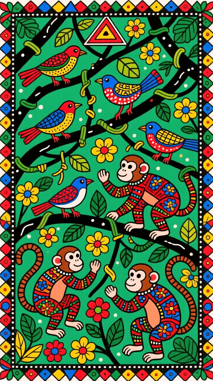 A dense jungle alive with monkeys, birds, and hanging vines.