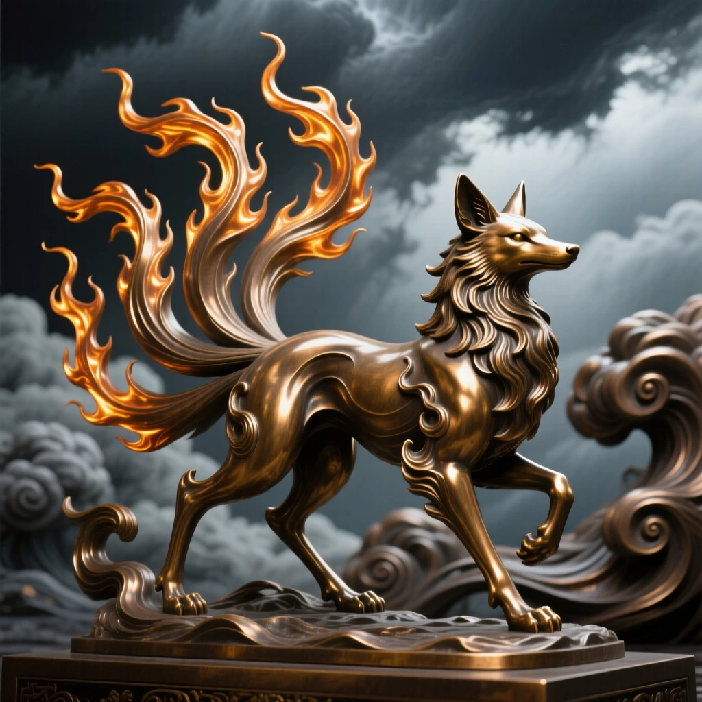 A spirit fox with tails of shimmering flame, framed by dramatic storm clouds, radiating awe and grandeur