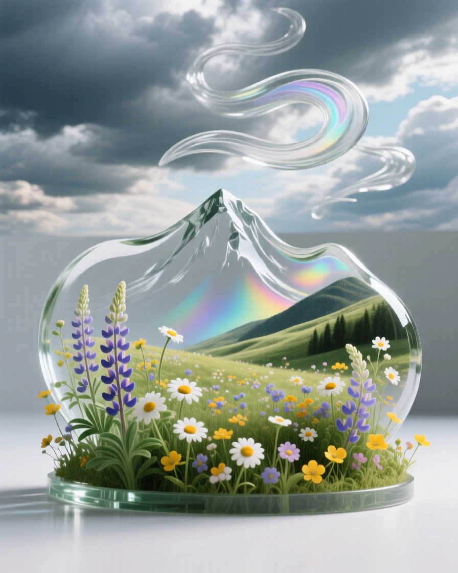 A mountain meadow bursting with spring wildflowers under a dramatic sky with shifting clouds, wide panoramic composition, feeling expansive and awe-inspiring.