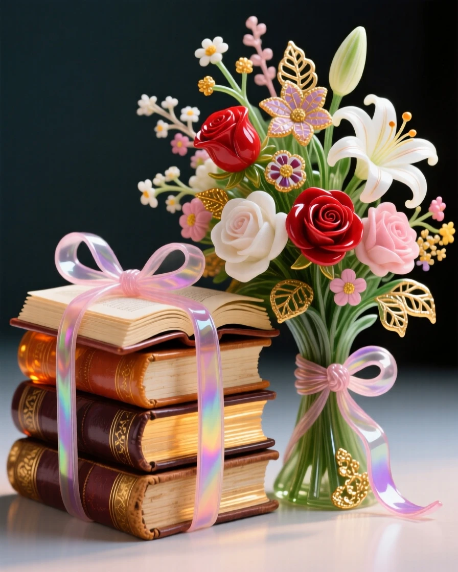 A stack of antique books tied with a ribbon beside a bouquet of flowers, cozy and literary.