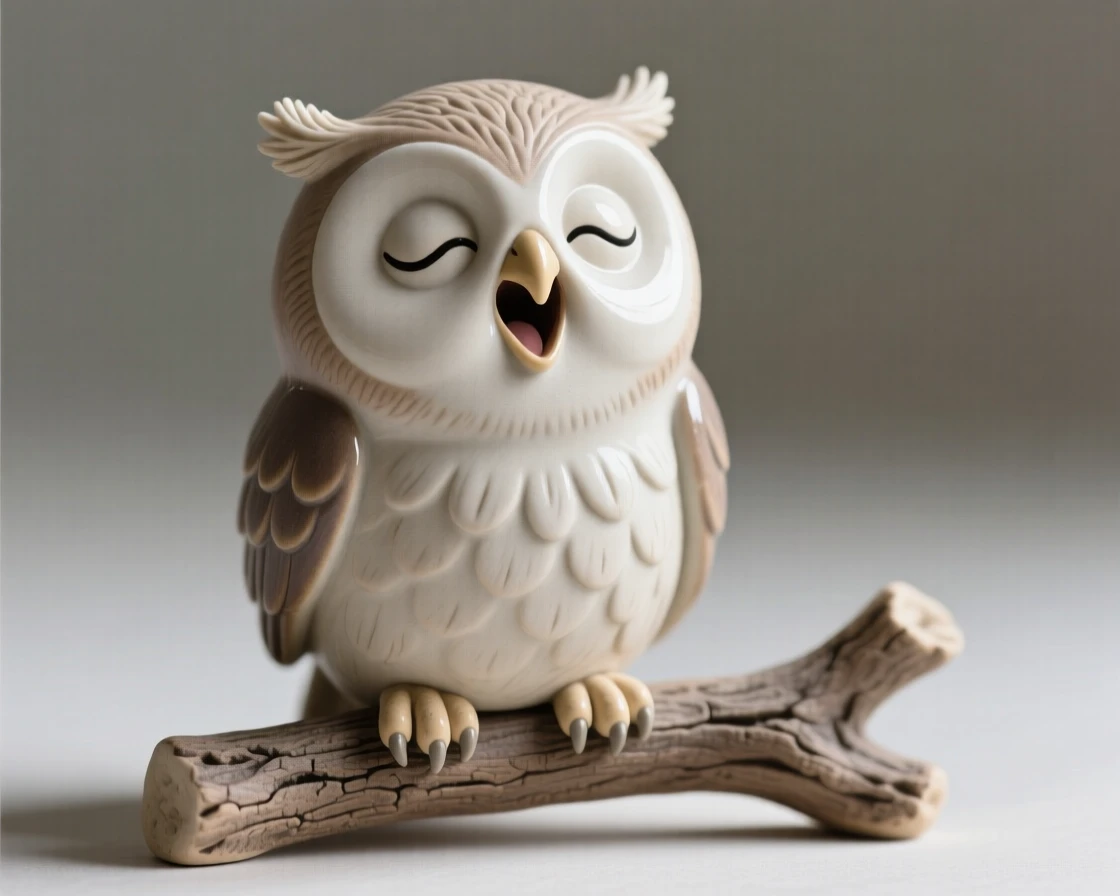 A round-eyed baby owl perched on a low branch captured mid-yawn in a sleepy, sweet moment, with a small, endearing tuft of fluff, radiating adorable, joyful innocence.