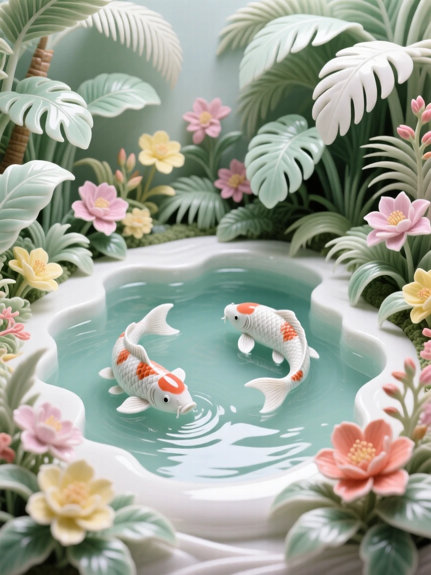 A sprawling tropical garden in full bloom, centered around a tranquil koi pond.