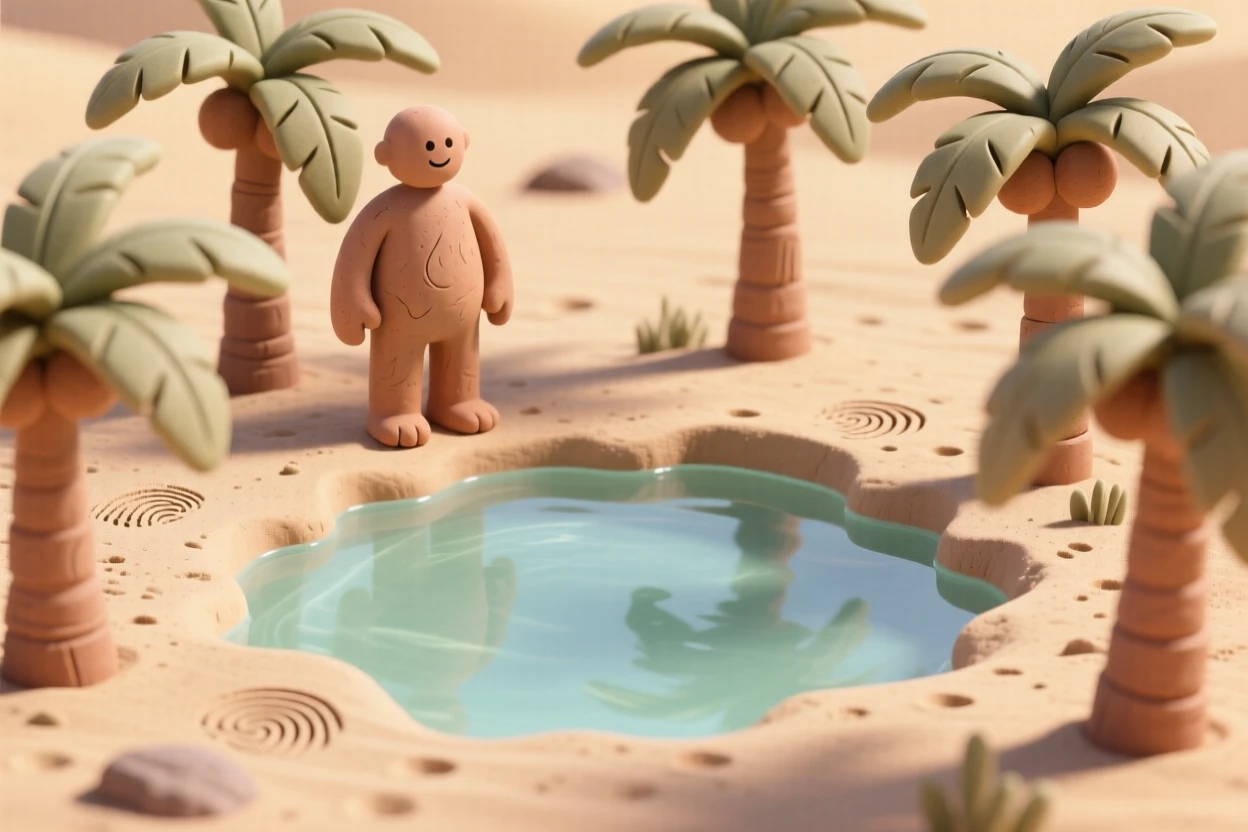 A desert oasis with palm trees ringing a small clear pool