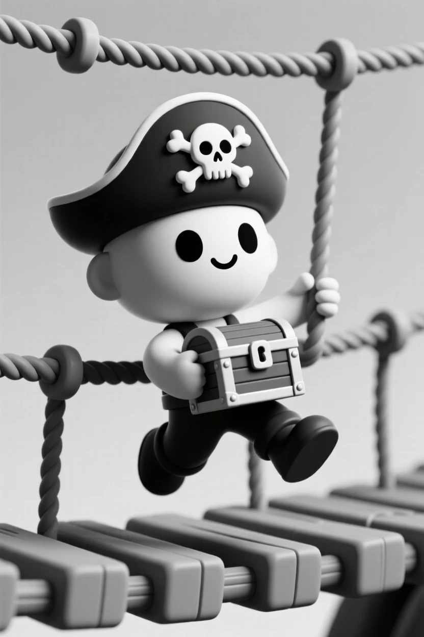 A daring pirate swings across a rope bridge, treasure chest tucked securely under one arm.