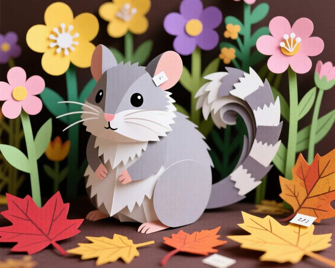 A fluffy chinchilla nestled among blooming wildflowers, with autumn leaves scattered around it, evoking tenderness and family bonds.