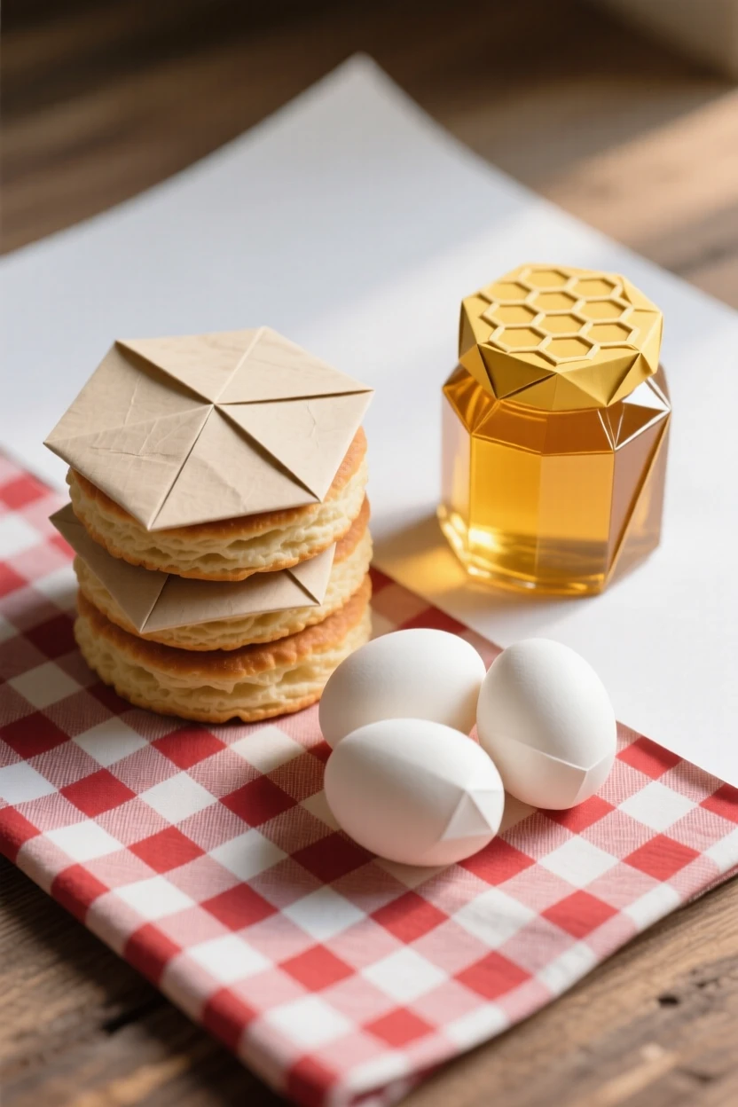 A quiet farmhouse breakfast scene with fresh eggs, honey, and warm biscuits on a checkered cloth.