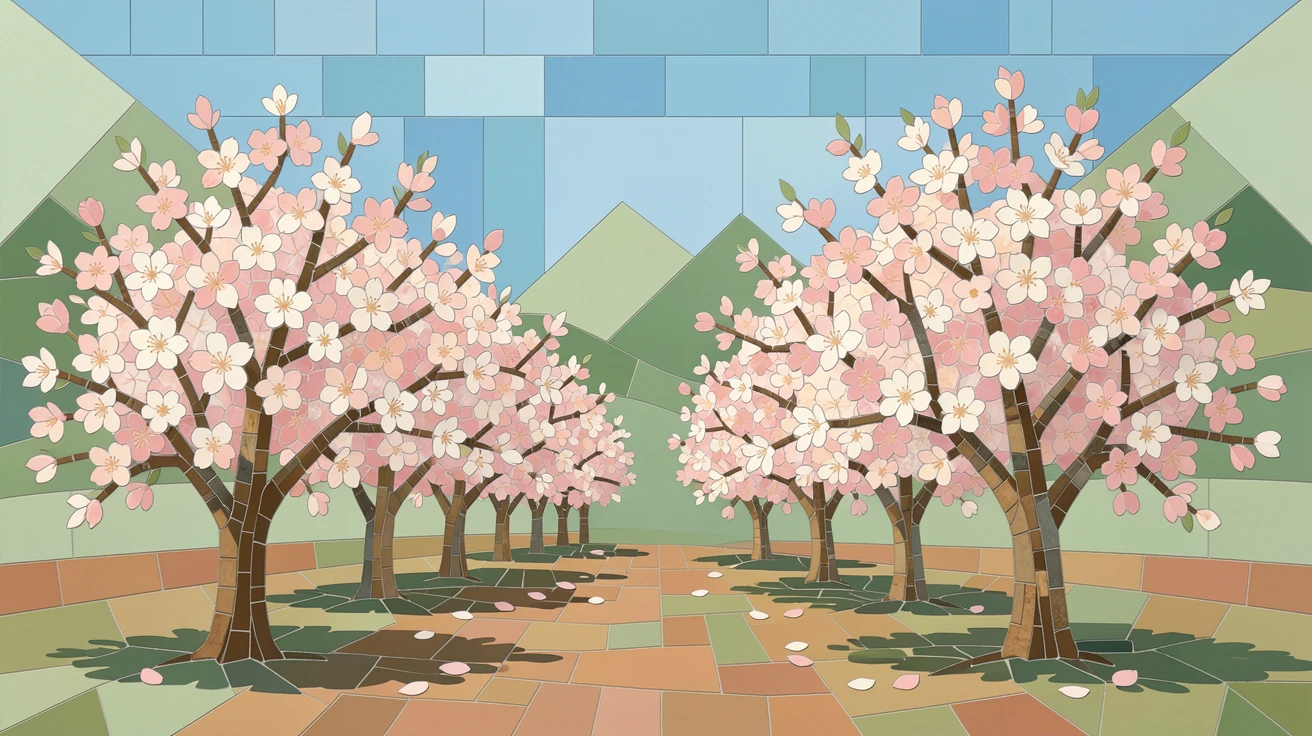 A peaceful orchard in full blossom with soft pink and white petals.