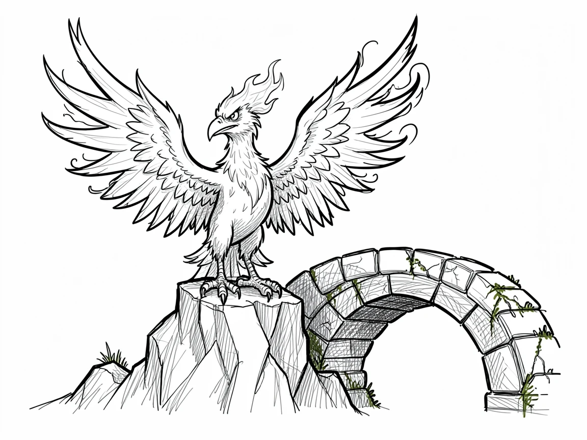 A phoenix perched on a mountain ledge beside an old stone bridge.