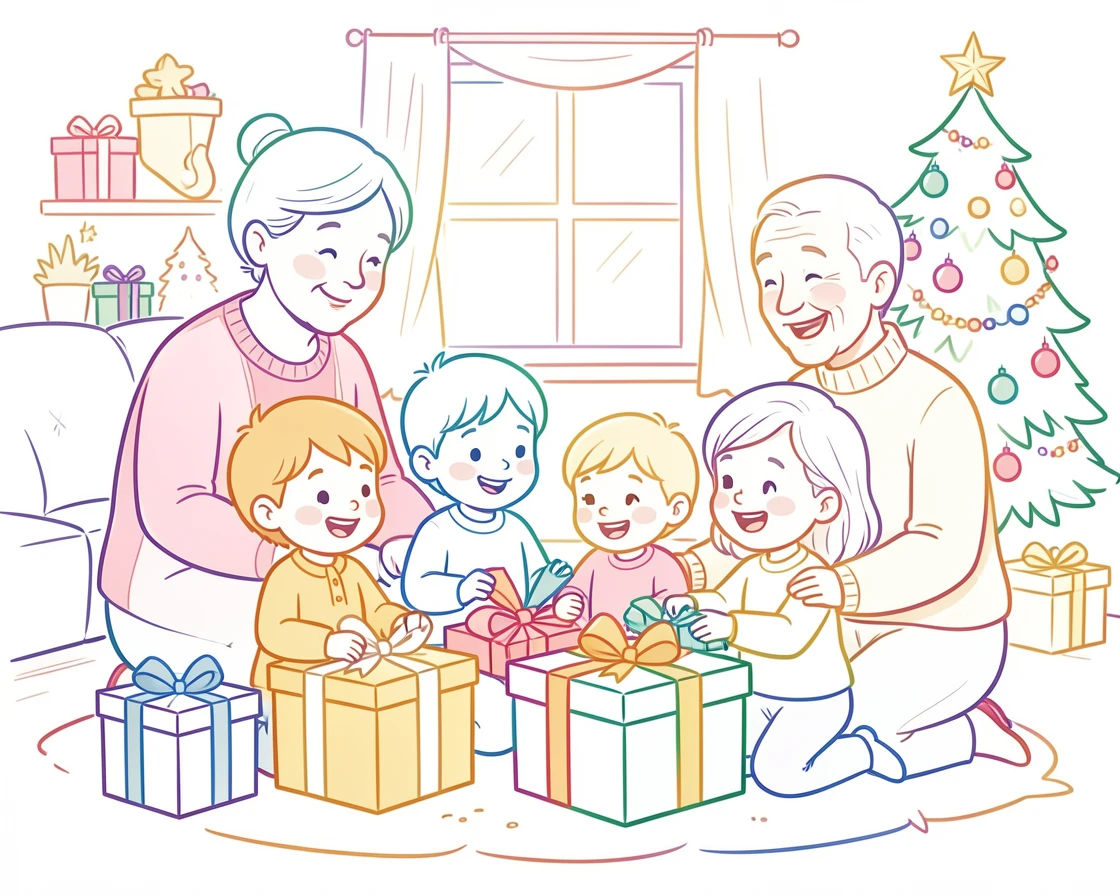 Grandparents watching their grandchildren open presents on a holiday morning.