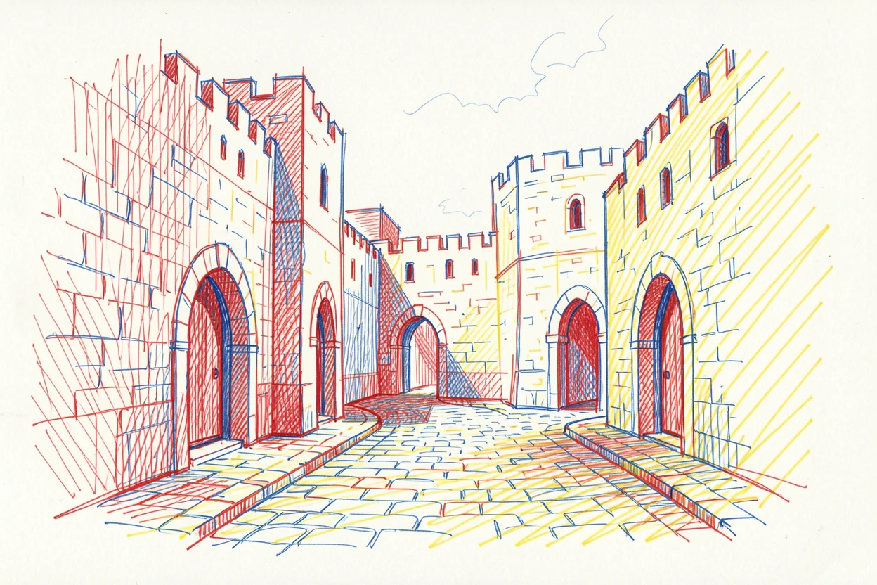 An ancient walled city with narrow cobblestone streets and archways