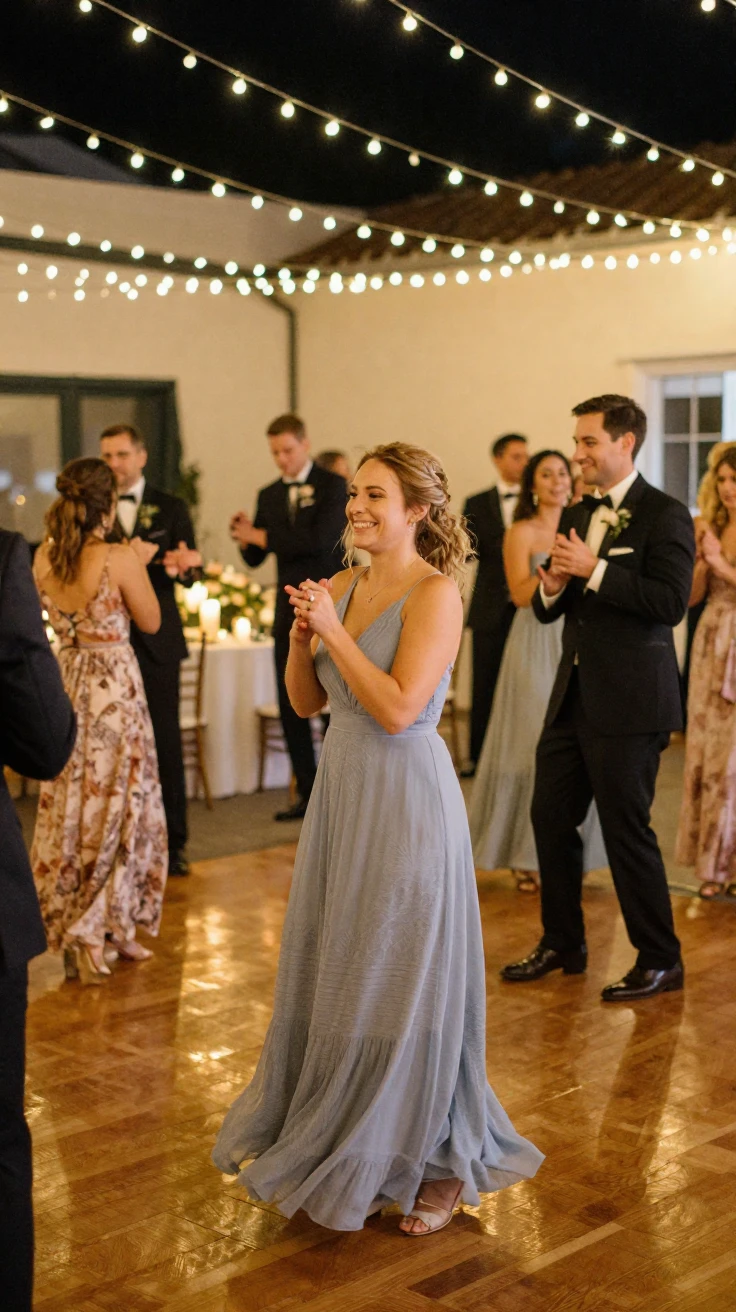 A wedding reception dance floor lit with string lights