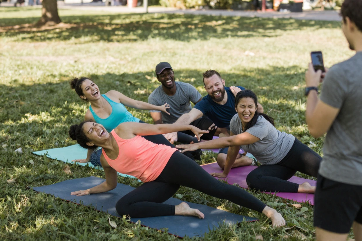 A group of friends can't stop laughing while attempting a group yoga pose.