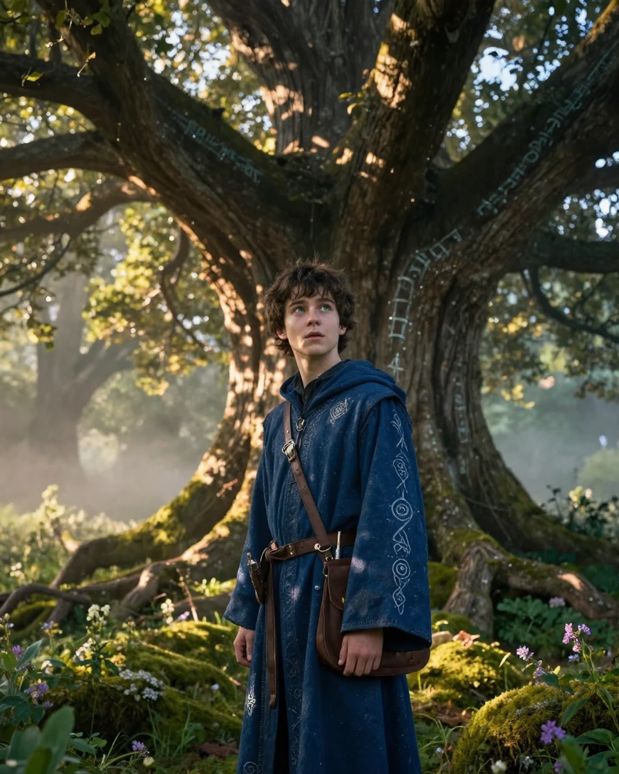 A young apprentice mage standing beneath the branches of a world tree