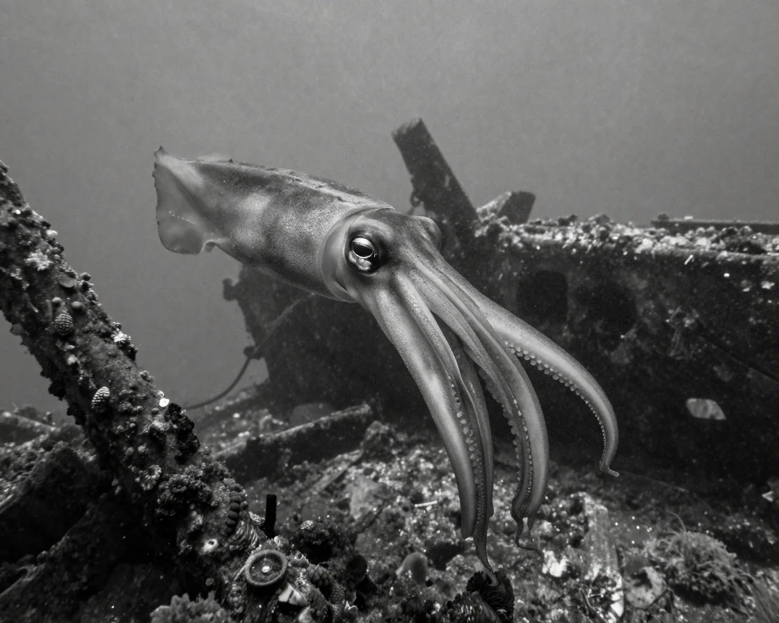 A giant squid drifts through the inky darkness around a sunken shipwreck.