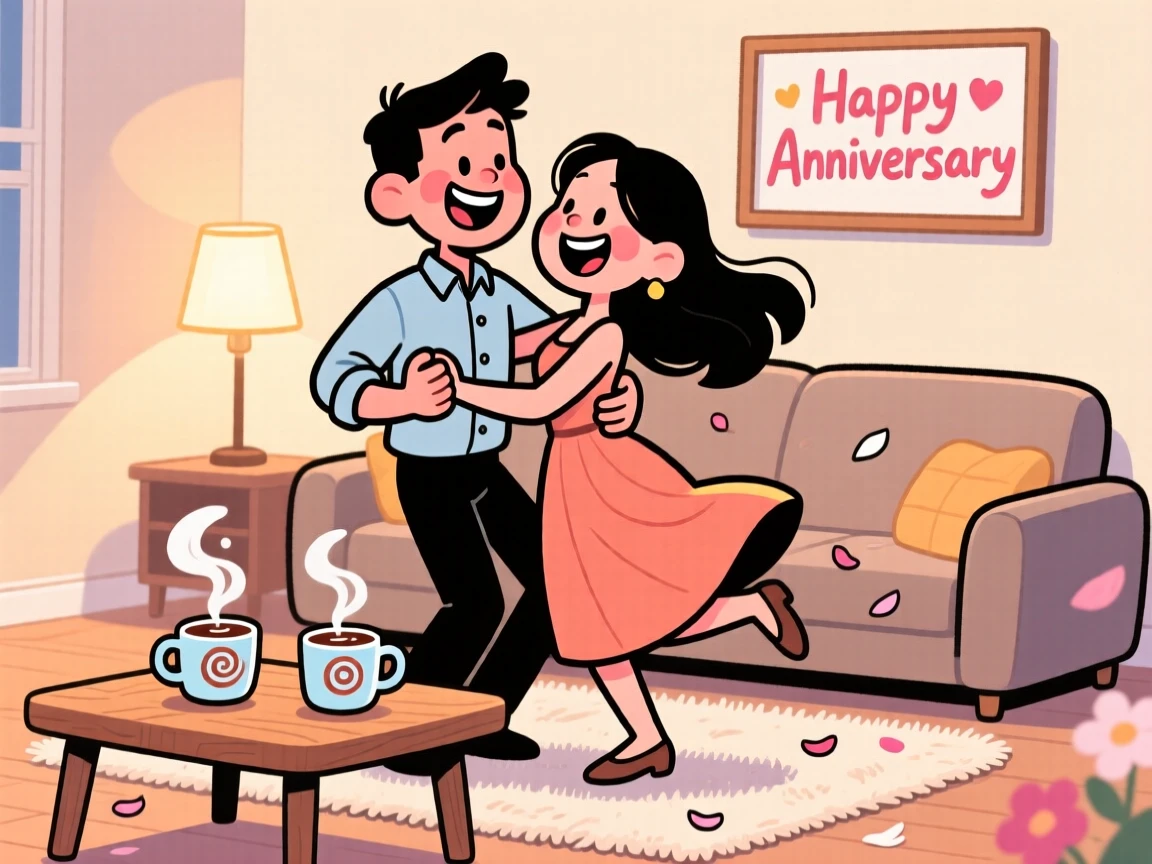 A heartwarming scene of a couple celebrating an anniversary dancing together in the living room to their favorite song, with steam rising from mugs of hot cocoa.