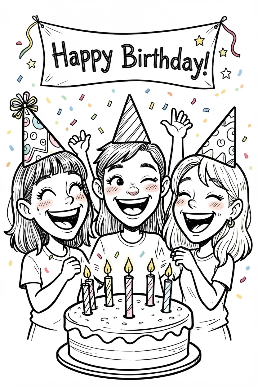 [Seasonal Holidays & Celebrations] Festive scene of friends celebrating with confetti and party hats on a birthday, full of celebration and joy