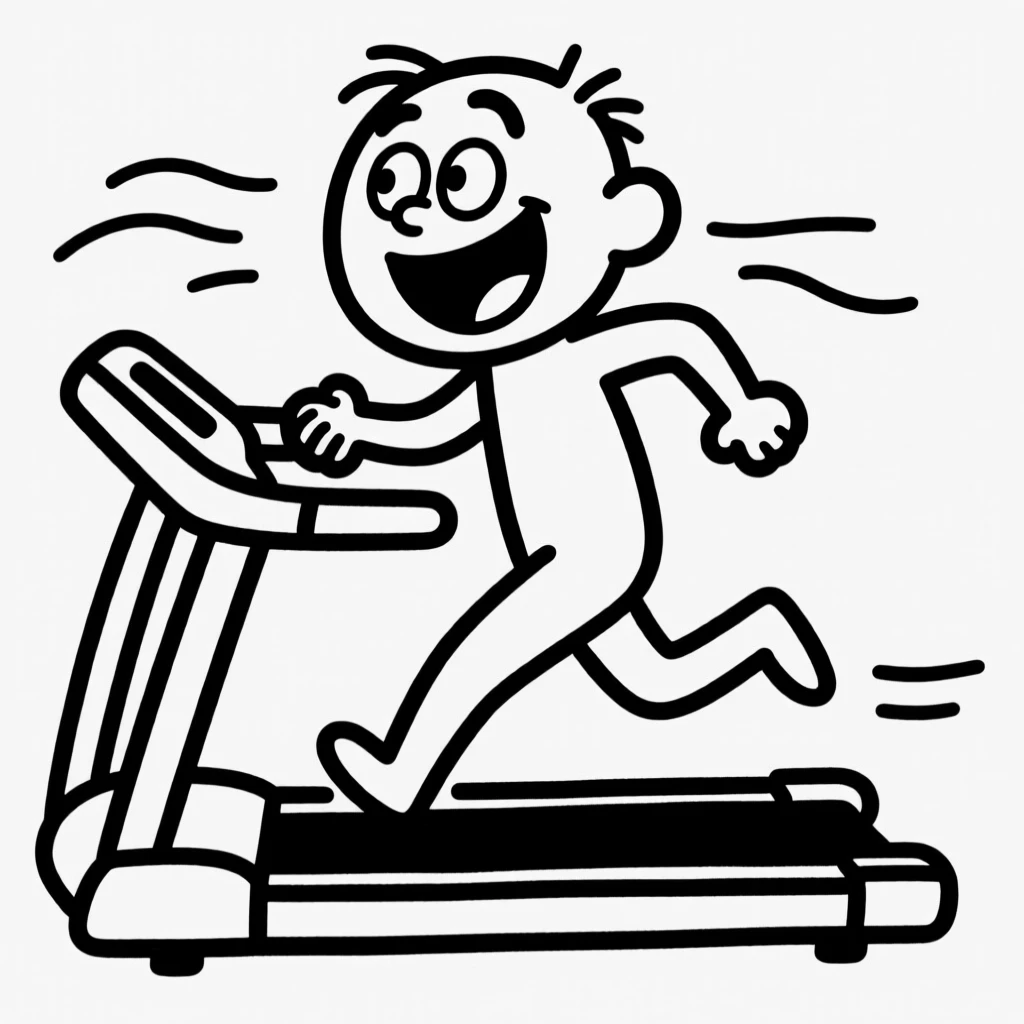 A person on a treadmill accidentally going too fast and holding on for dear life, laughing.