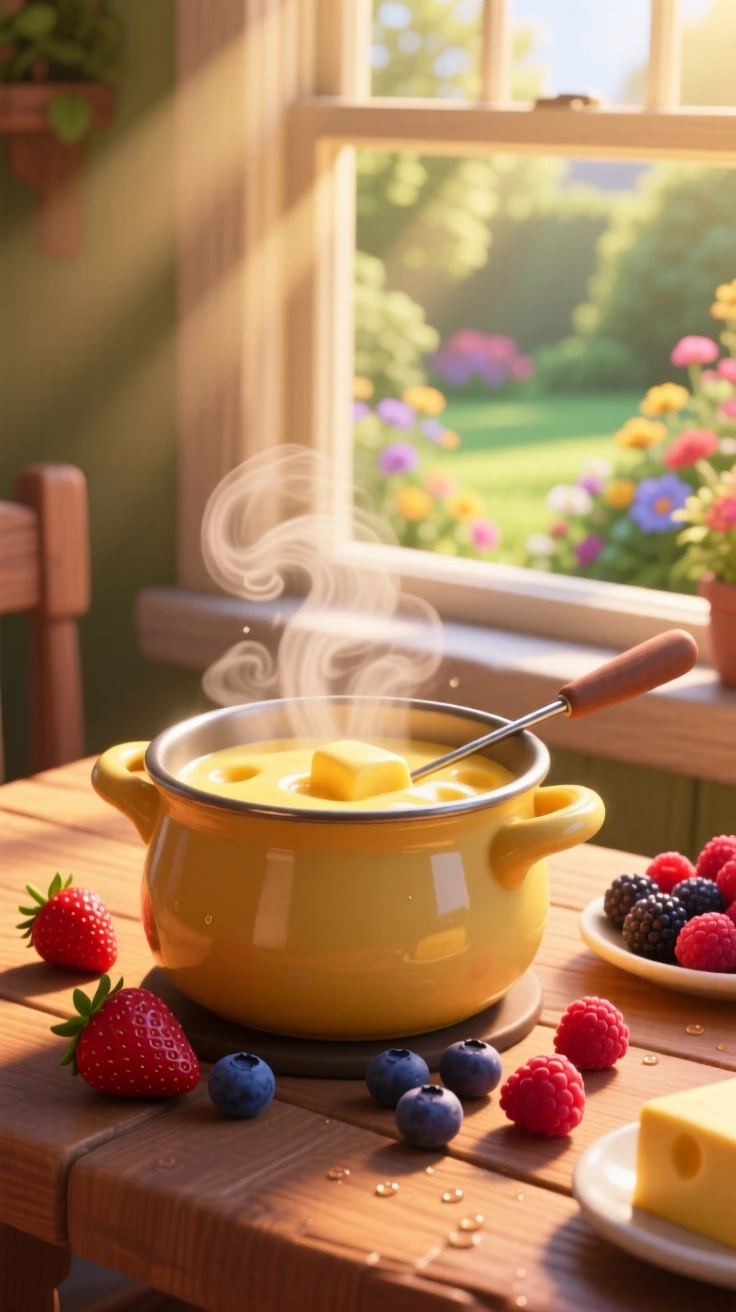 A bubbling pot of cheese fondue sits beside a window with morning light streaming in, surrounded by scattered fresh berries. A comforting, homey feeling fills the moment.
