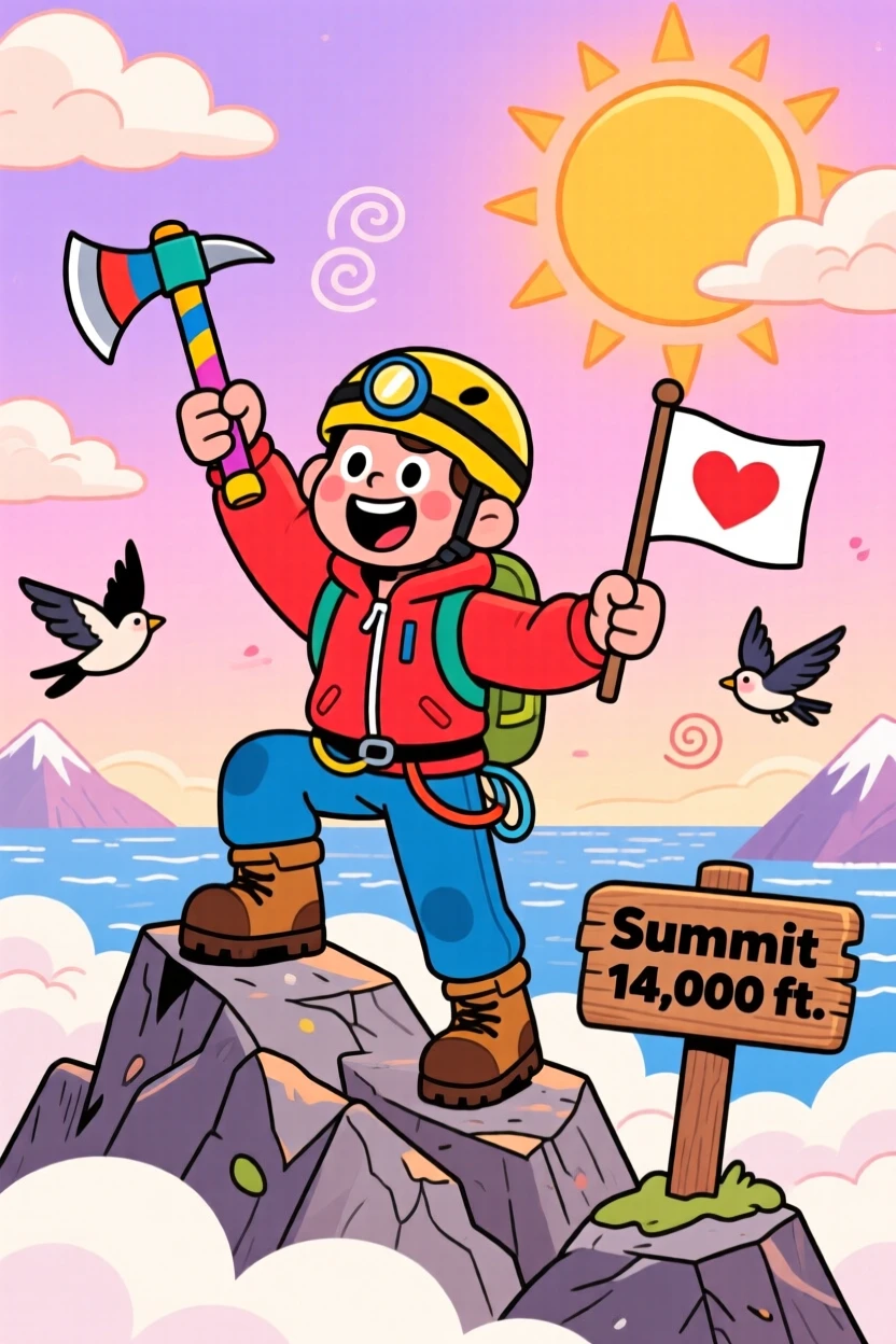 A mountain climber reaching a summit above the clouds at sunrise.