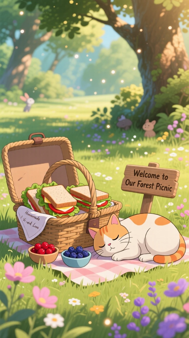 A warm, inviting scene of a picnic basket packed with sandwiches and fresh berries, with a cat dozing beside the display.