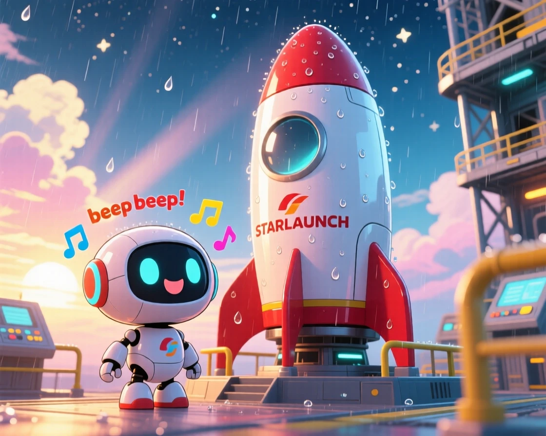 A small round robot companion beeping happily beside a rocket ship, framed as an extreme close-up within a launch pad under a starry sky, during a gentle spring rain shower, glowing under rays of sunrise breaking through clouds, evoking shy bashfulness.