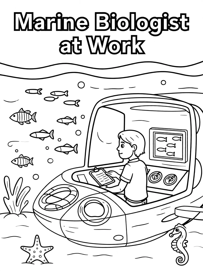 A marine biologist studying fish in a research submarine