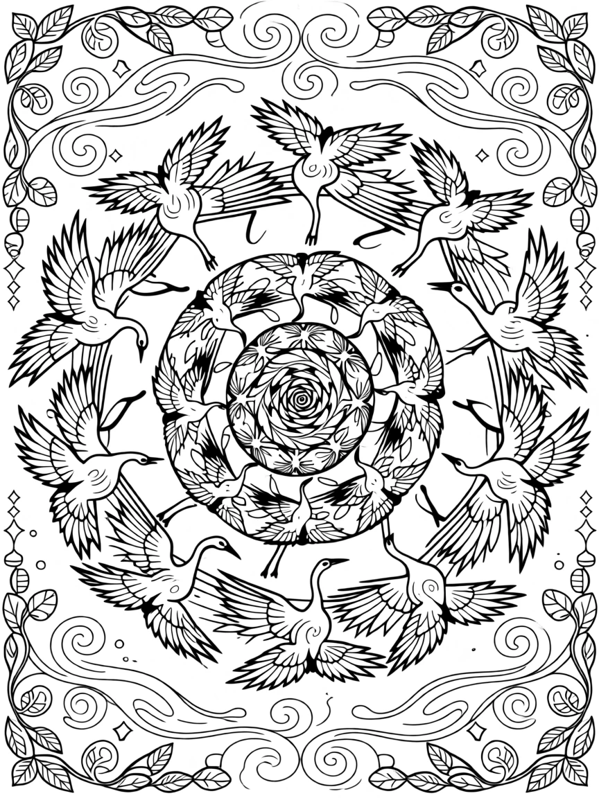 A mandala built from a spiral of interlocking cranes in flight.