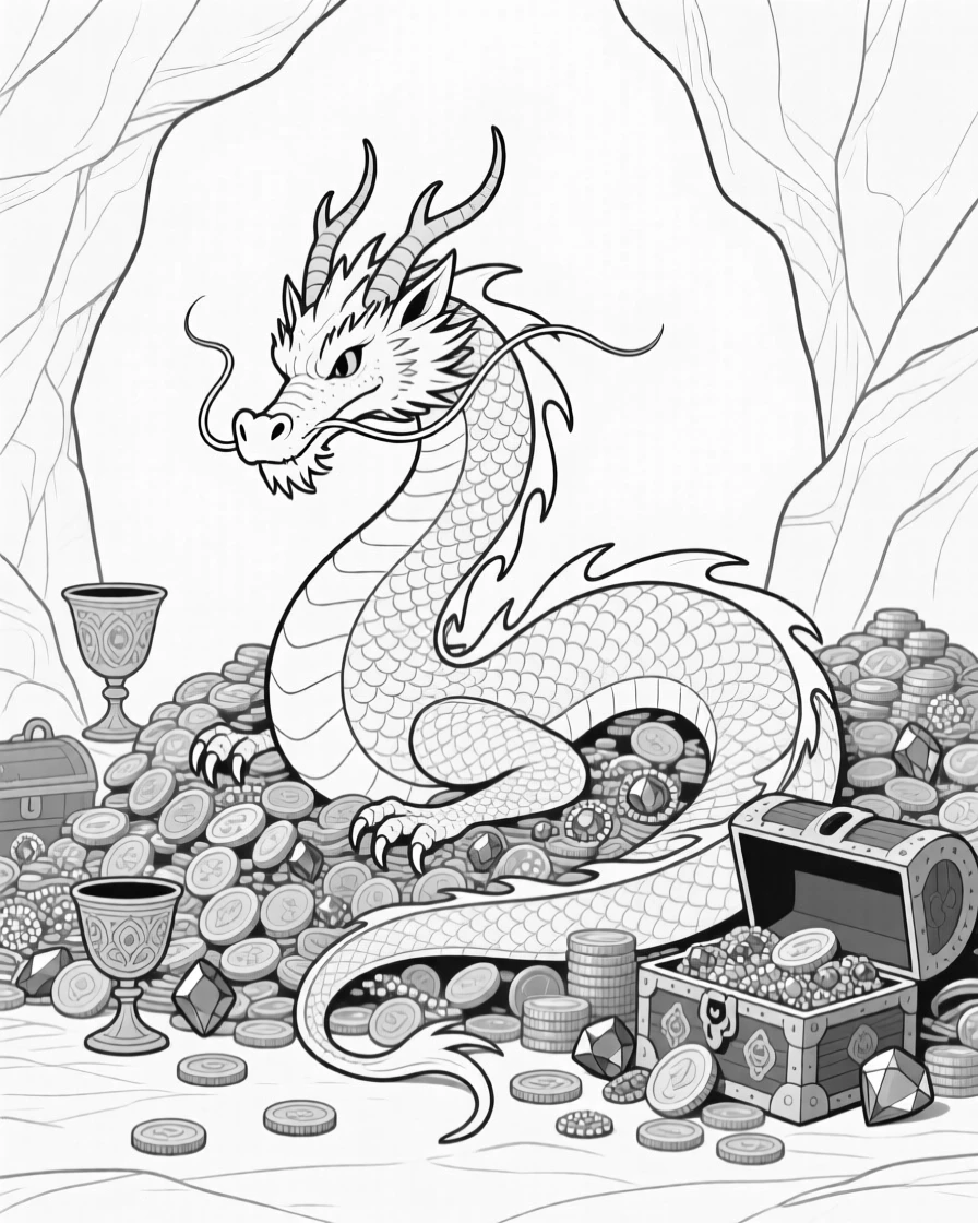 A dragon's lair filled with piles of gold and jewels