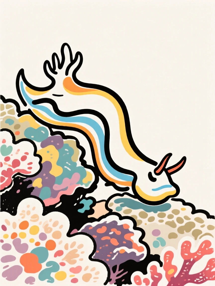 A vibrant nudibranch crawling slowly across a coral reef.