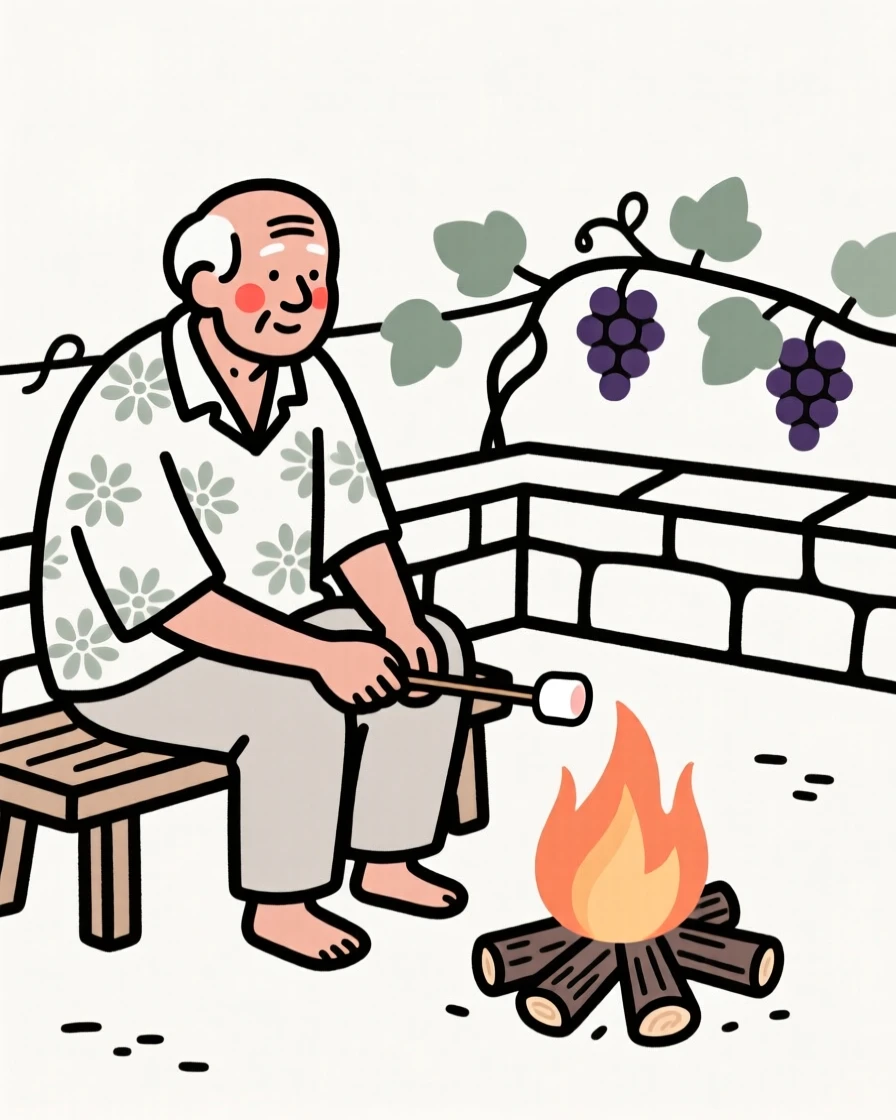 A grandfather of Hawaiian heritage roasting marshmallows over a campfire, on a vineyard terrace.