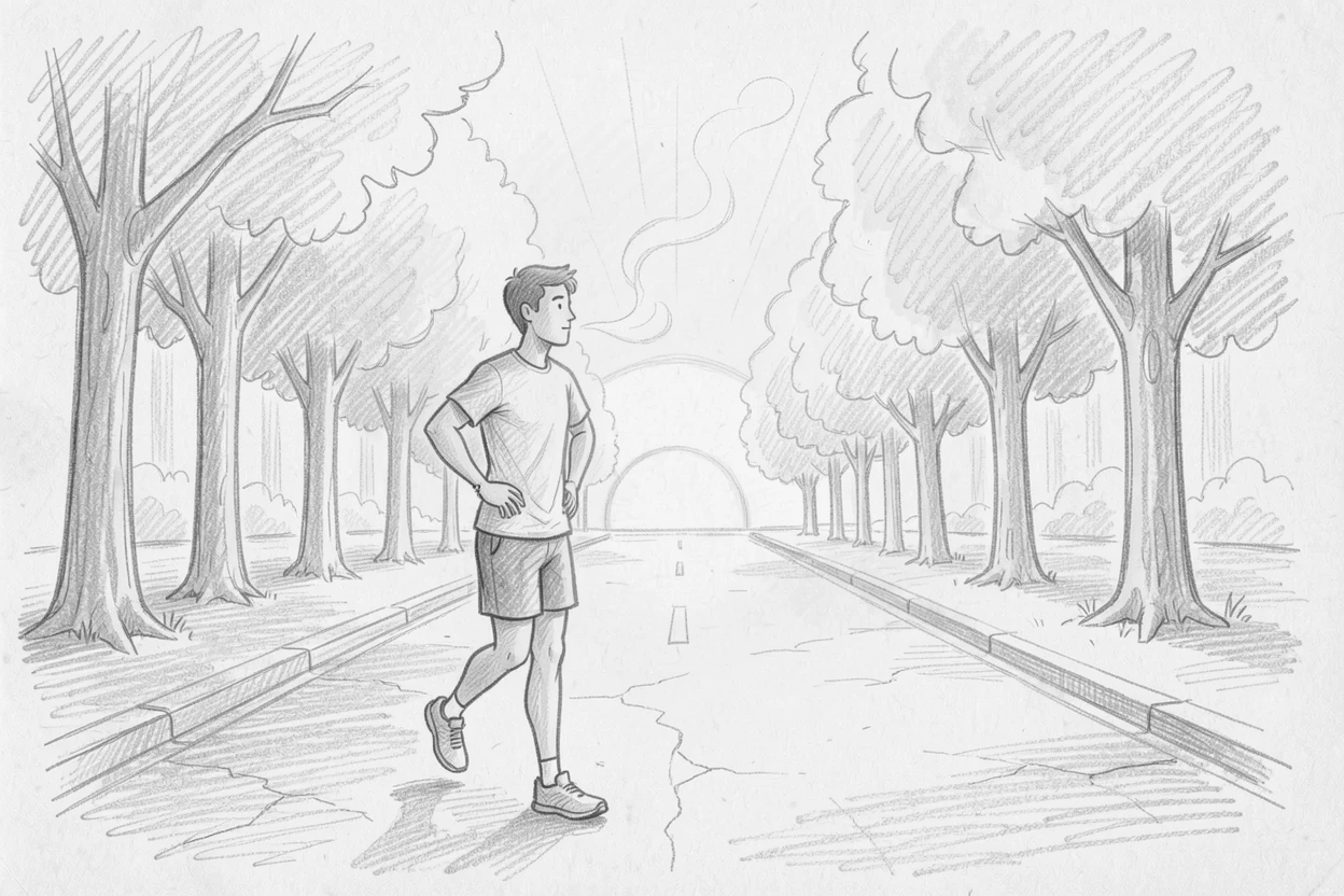 A warm everyday moment: a jogger pausing to watch the sunrise along a quiet tree-lined avenue, with warm steam rising gently.