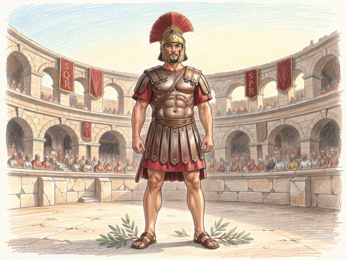 A Roman gladiator standing in a sunlit ancient colosseum, filled with rich, authentic historical and cultural detail, evoking a sense of timeless tradition and heritage.